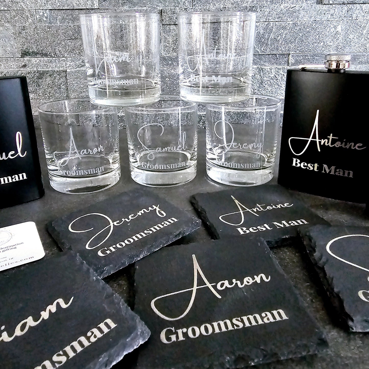 The Gentleman’s Trio – Personalized Whiskey Glass, Hip Flask & Slate Coaster