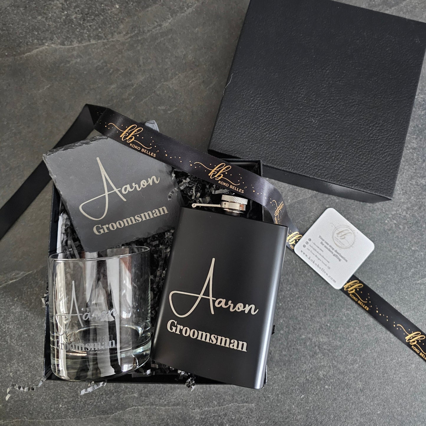 The Gentleman’s Trio – Personalized Whiskey Glass, Hip Flask & Slate Coaster