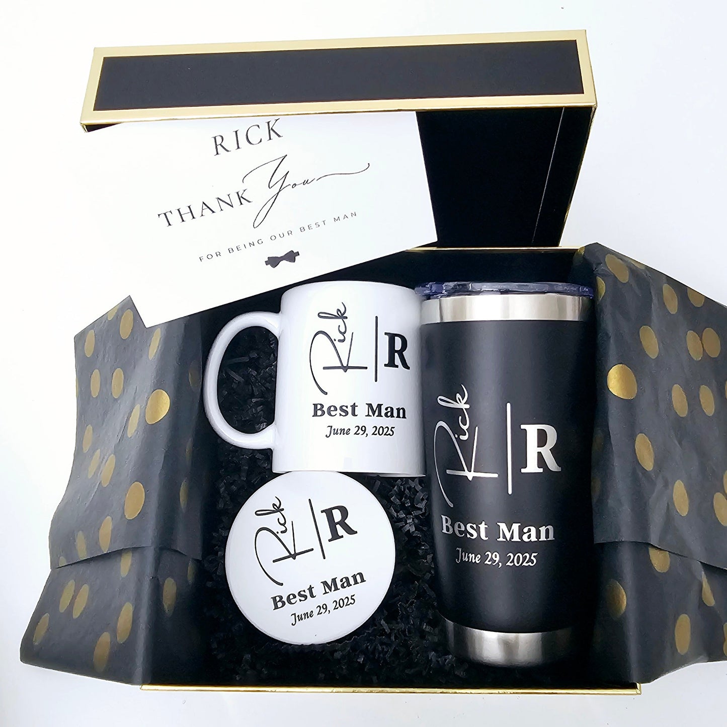 Upgrade your drinkware with this Personalized Gift Set featuring a laser-engraved stainless steel tumbler, a custom printed ceramic mug, and a stylish ceramic coaster. Ideal for coffee lovers, groomsmen, or any special occasion