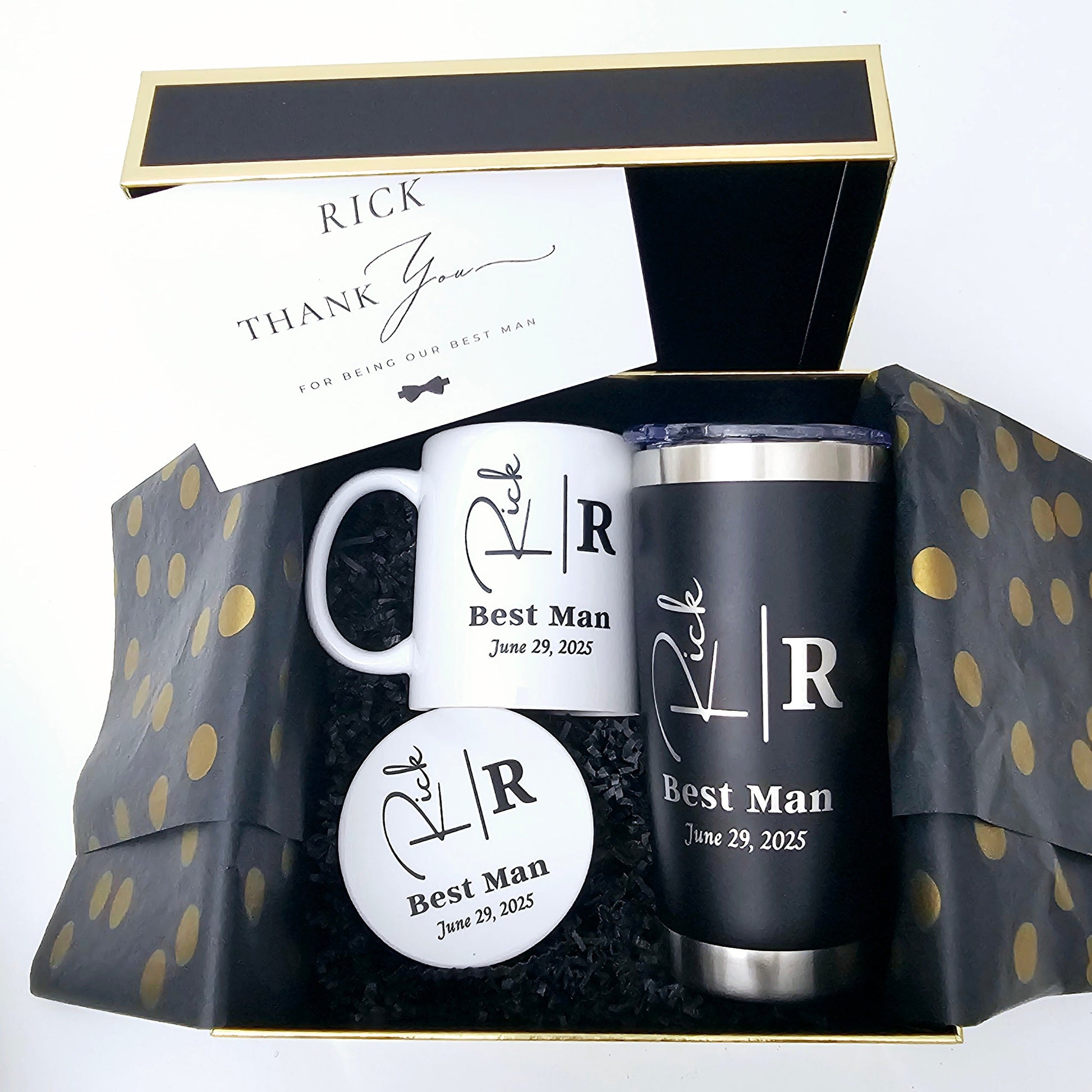 Upgrade your drinkware with this Personalized Gift Set featuring a laser-engraved stainless steel tumbler, a custom printed ceramic mug, and a stylish ceramic coaster. Ideal for coffee lovers, groomsmen, or any special occasion