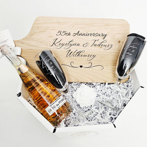 Custom Engraved Cutting Board & Two Champagne Glasses