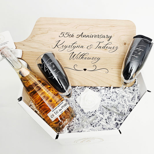 Custom Engraved Cutting Board & Two Champagne Glasses