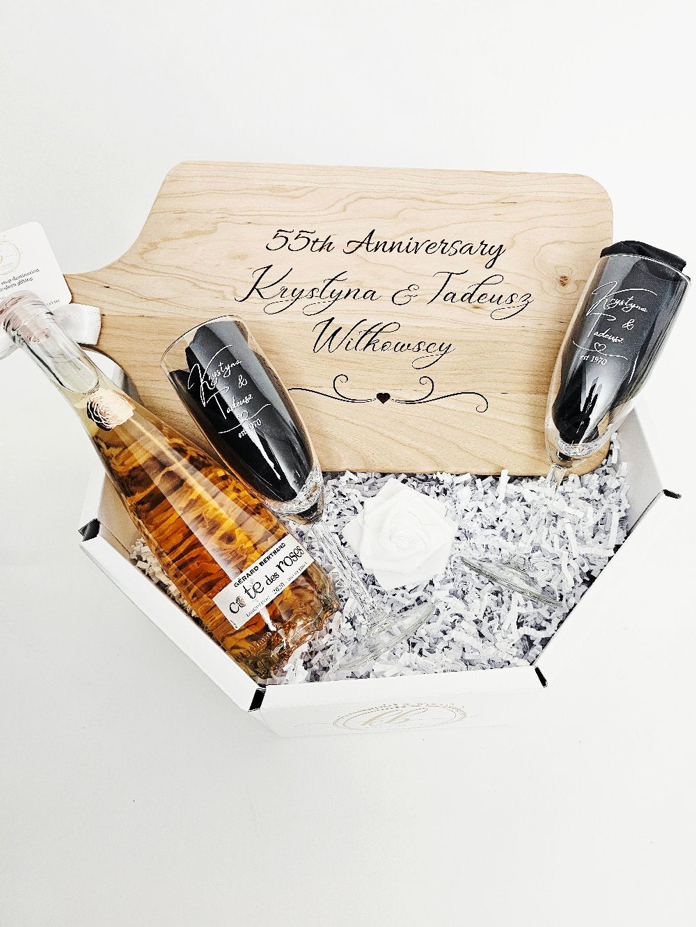 Custom Engraved Cutting Board & Two Champagne Glasses