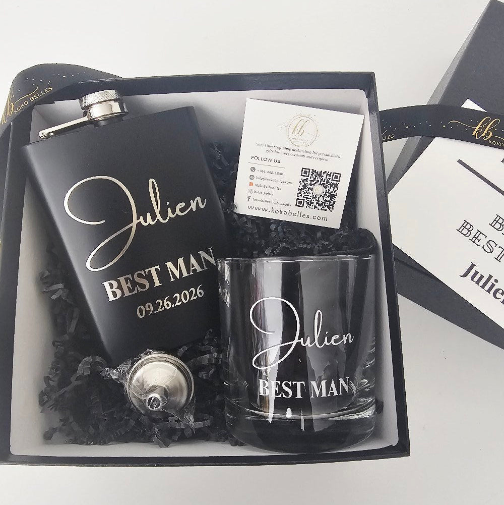 Personalized flask and glasses set with 'Best Man' engraving in a black box