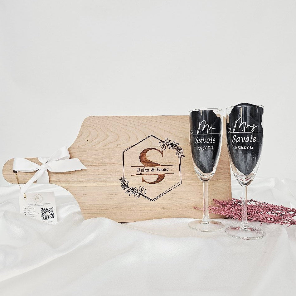 Custom Engraved Cutting Board & Two Champagne Glasses