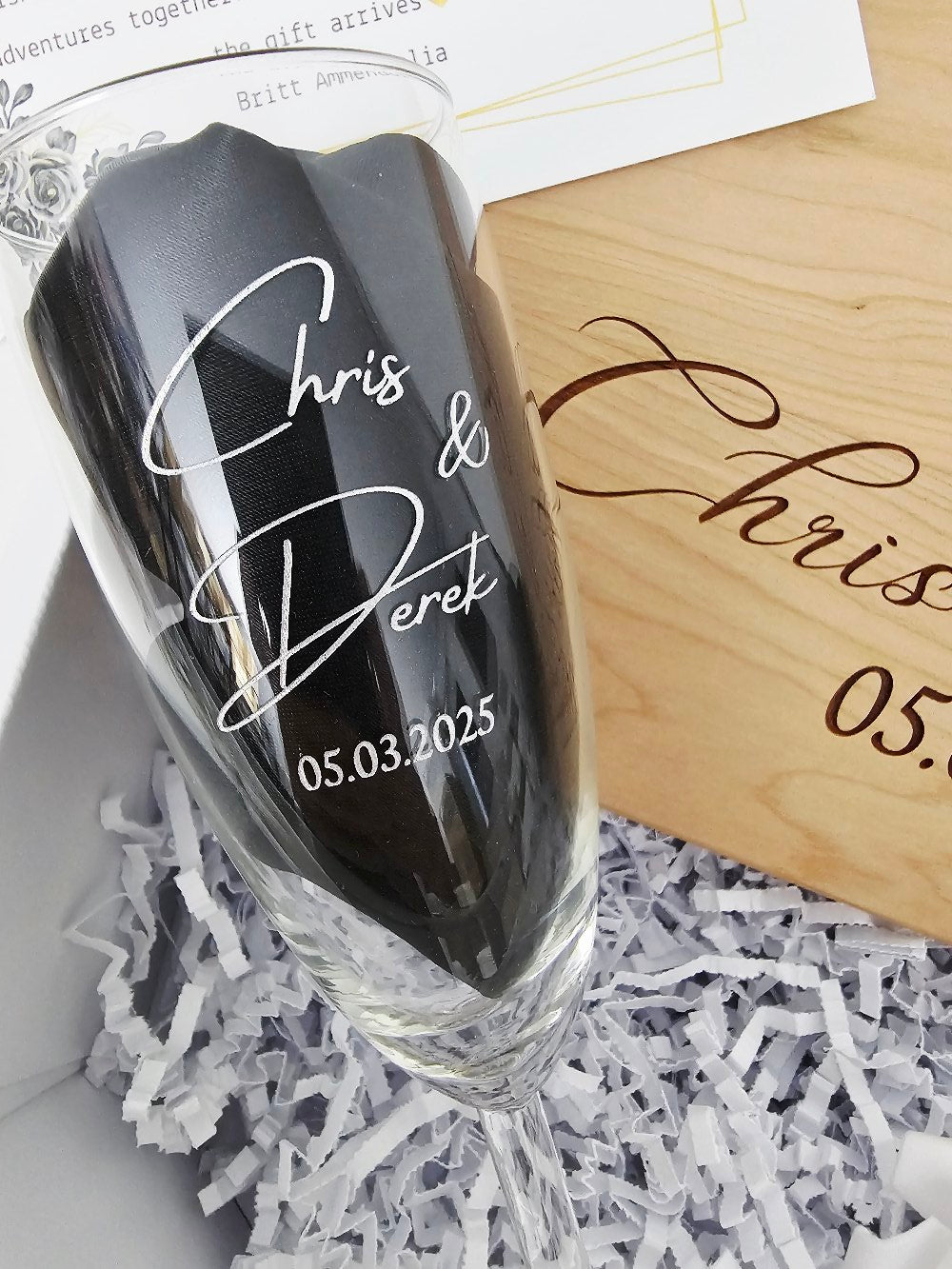 Custom Engraved Cutting Board & Two Champagne Glasses