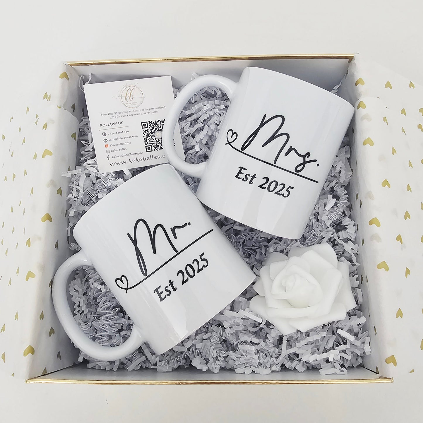 Personalized matching mug set for couples with custom me and mrs text and date