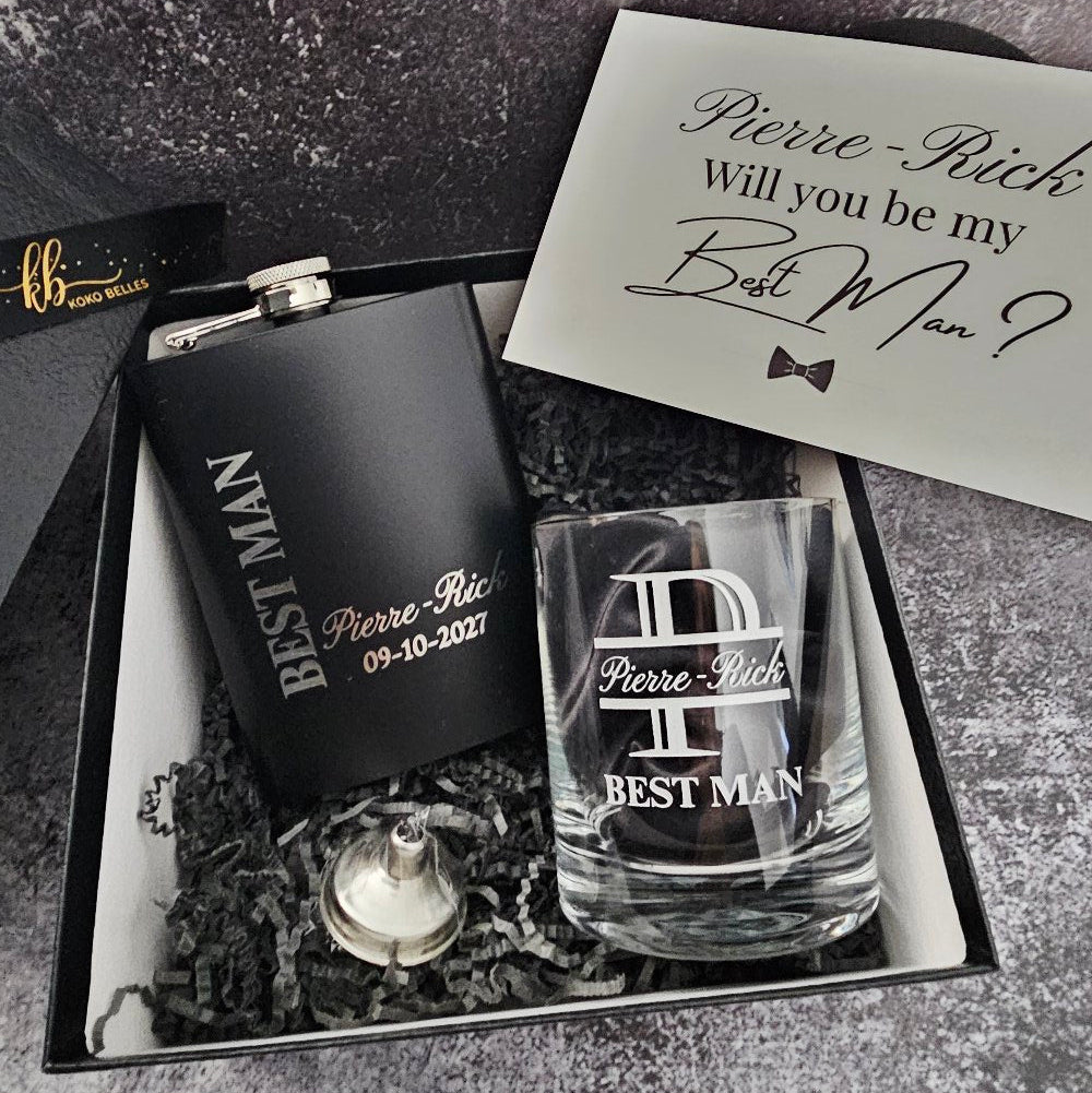 Gift set with flask and whiskey glass with a proposal Best Man card