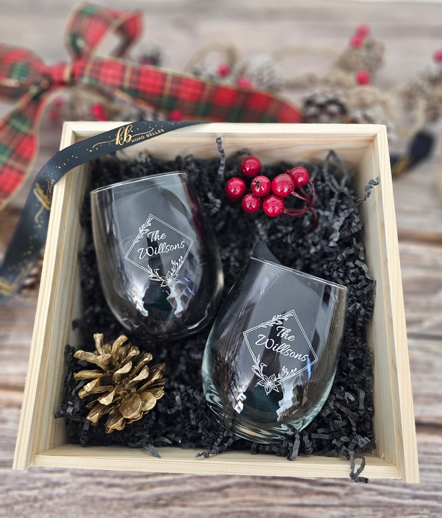 Wine and Whiskey Glass Gift Set with Engraved Wooden Box