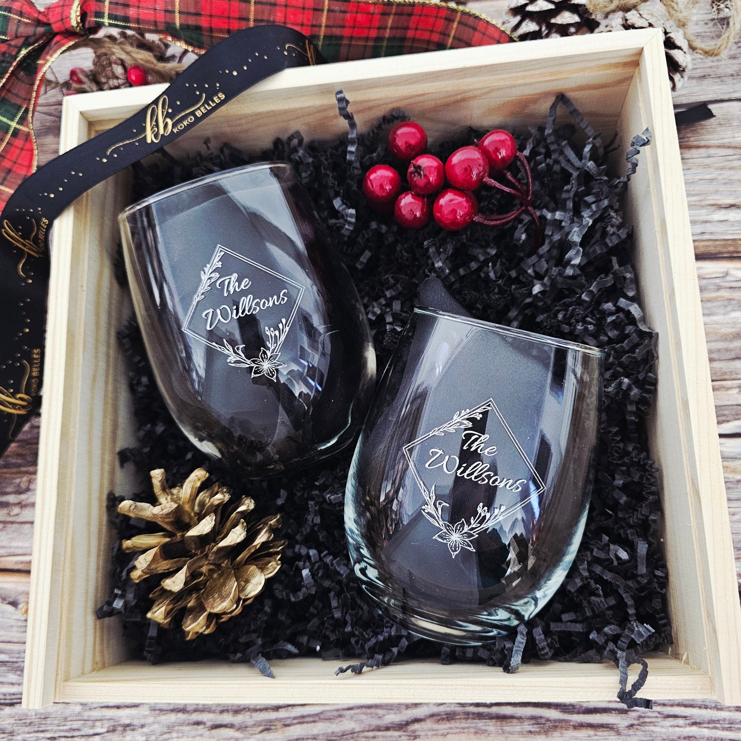 Wine and Whiskey Glass Gift Set with Engraved Wooden Box