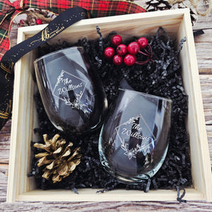 Wine and Whiskey Glass Gift Set with Engraved Wooden Box