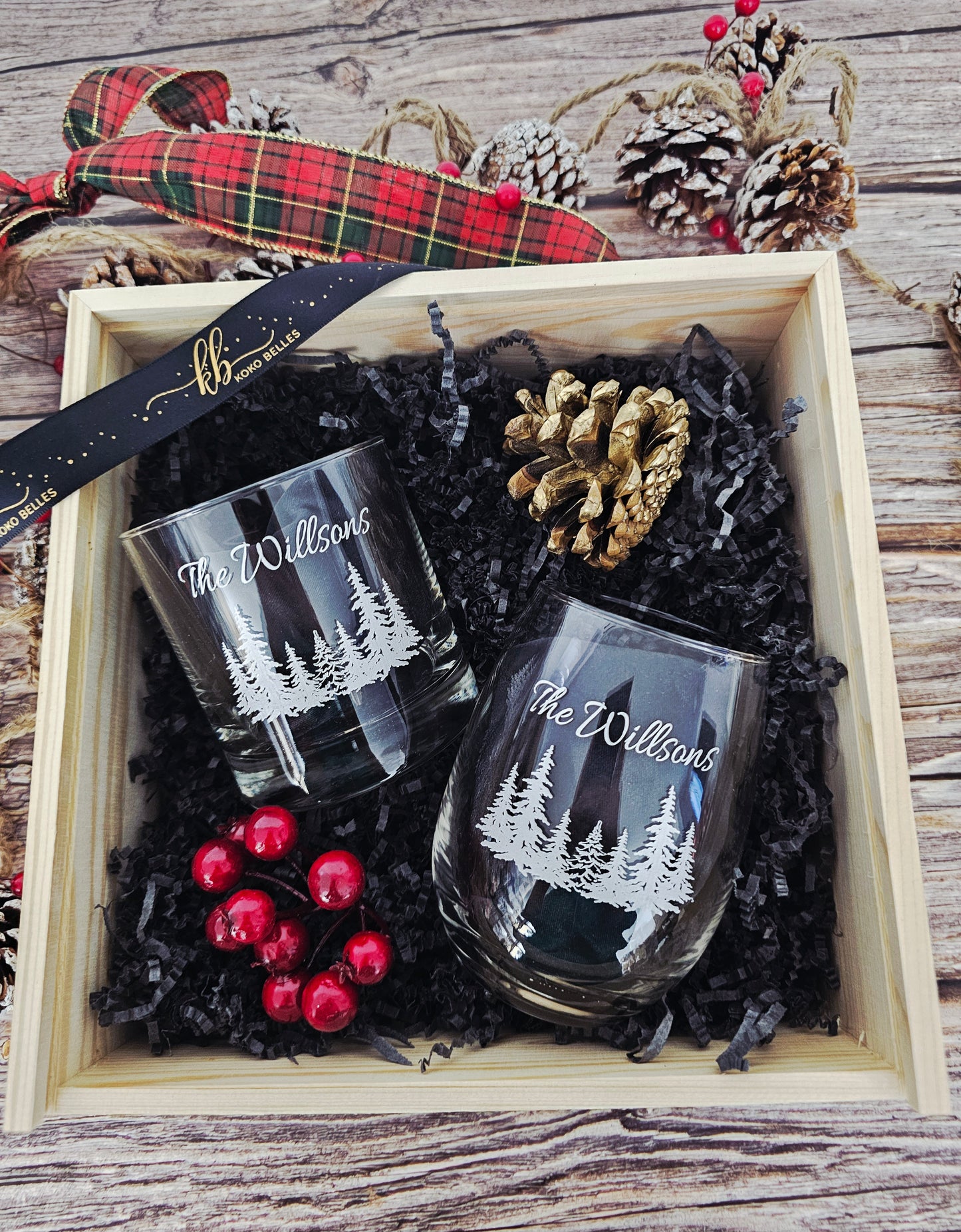 Wine and Whiskey Glass Gift Set with Engraved Wooden Box