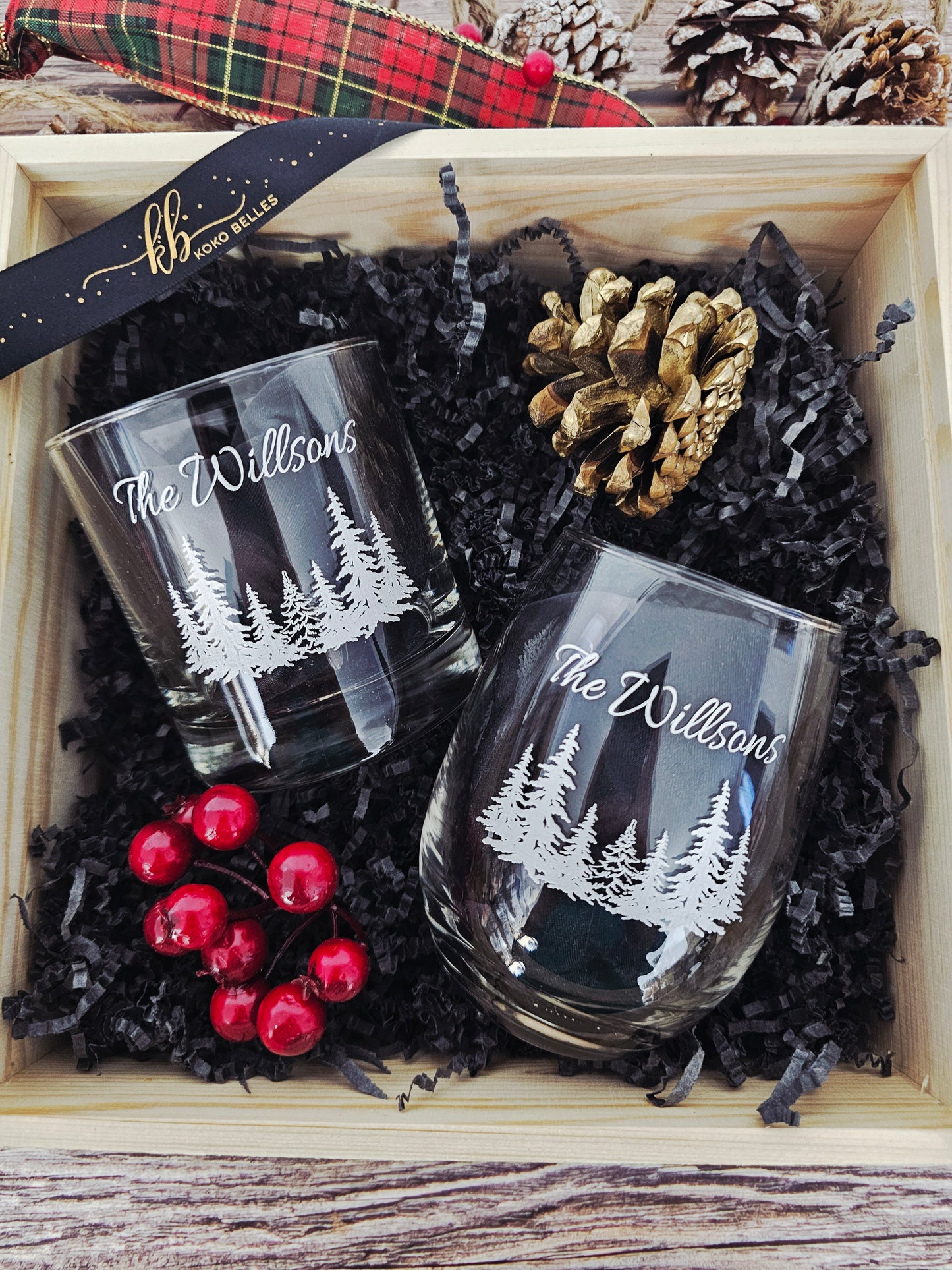 Wine and Whiskey Glass Gift Set with Engraved Wooden Box