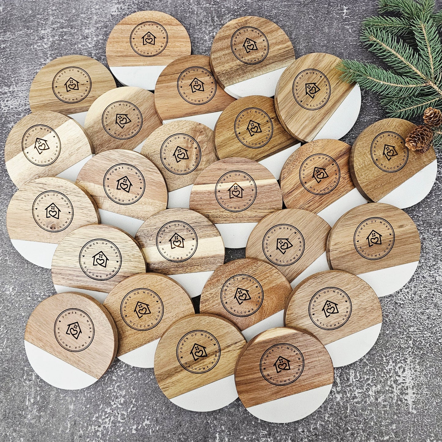 Set of wooden coasters with a logo 