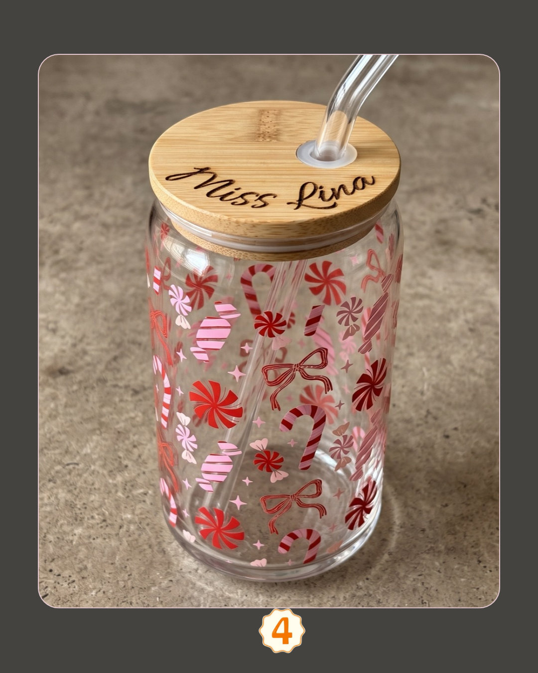 Personalized Christmas Glass Can with Bamboo Lid & Straw