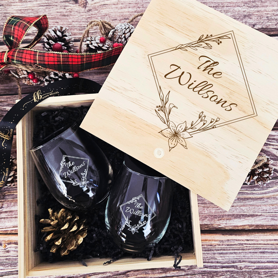 Wine and Whiskey Glass Gift Set with Engraved Wooden Box