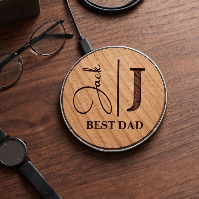 Custom 15W wireless phone charger in cherry wood with a laser-engraved initial and name 