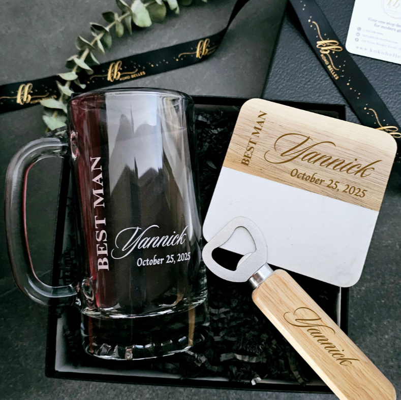 Groomsmen beer mugs for the ultimate wedding party gift. Quality mugs that make toasting with your best men even more special.
Personalized Beer Mug, Gift set for him, Best Man beer mug, Groomsmen gift, Groomsman glass, monogrammed mug, groomsmen proposal from kokobelles.com