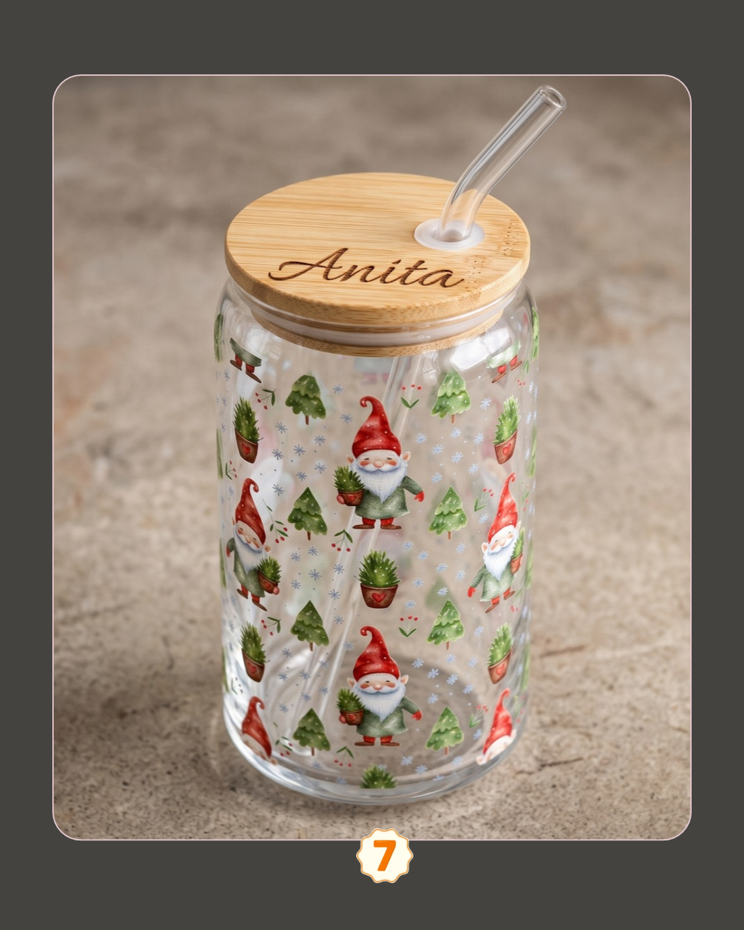 Personalized Christmas Glass Can with Bamboo Lid & Straw