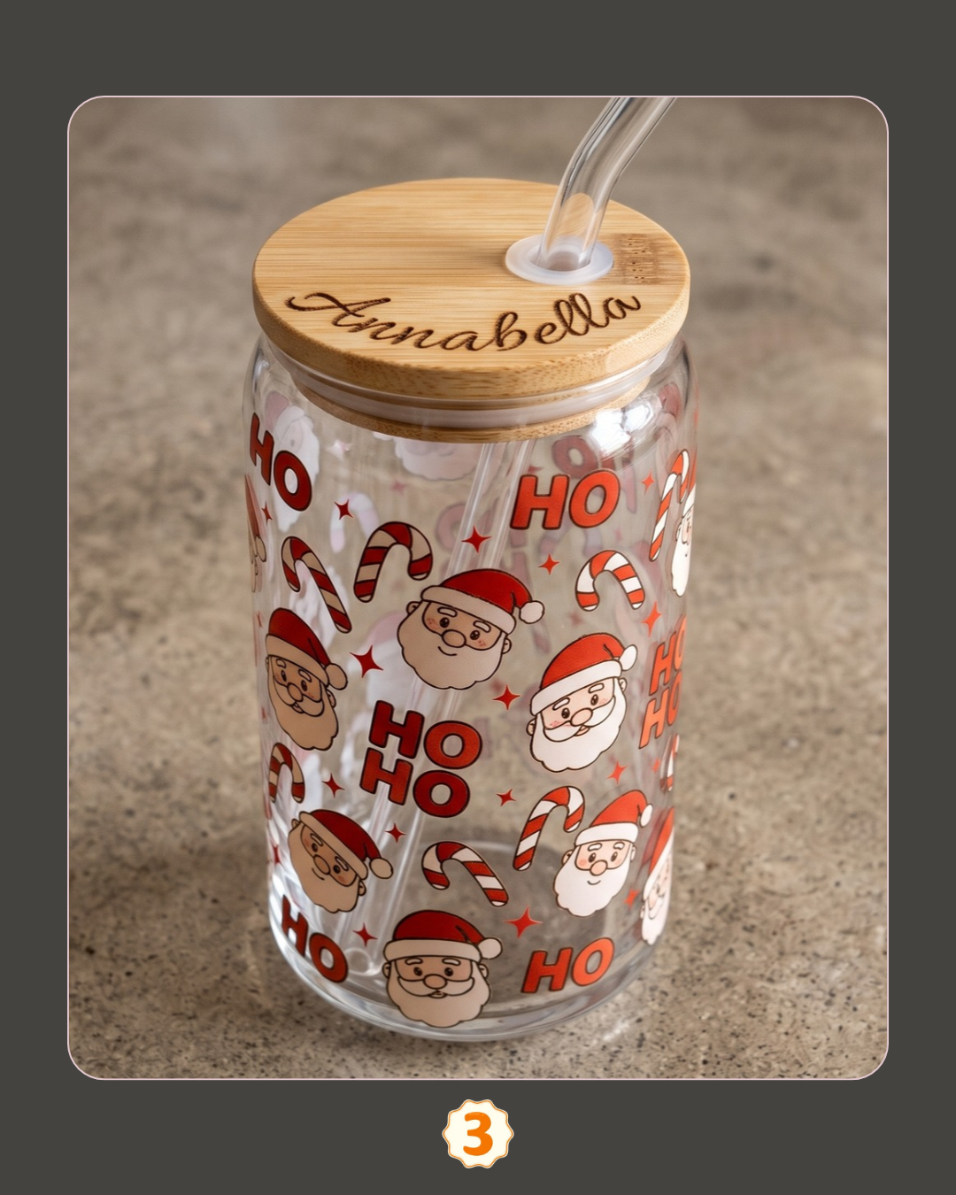Personalized Christmas Glass Can with Bamboo Lid & Straw