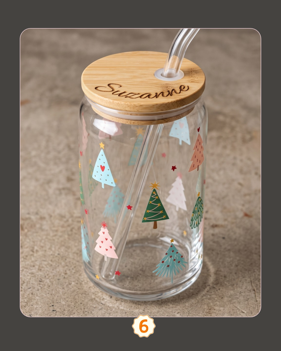 Personalized Christmas Glass Can with Bamboo Lid & Straw
