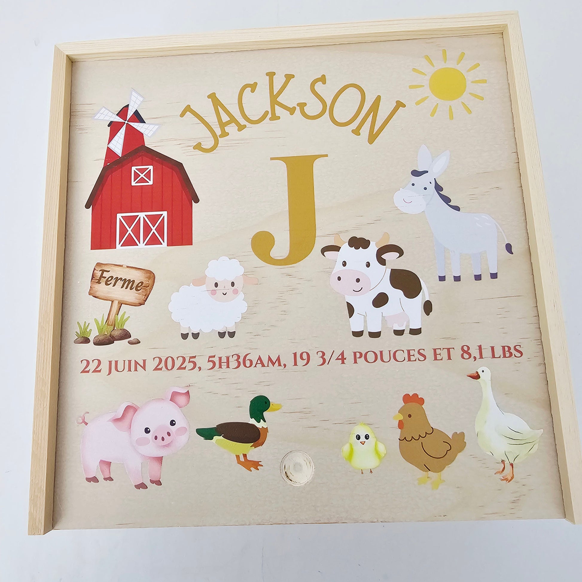 Custom wooden birth announcement box for newborns featuring a watercolor red barn, cow, pig, and ducklings.