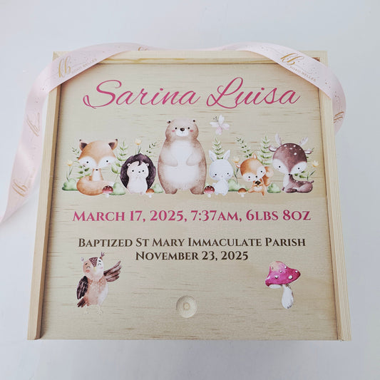 Personalized wooden baby birth announcement box with watercolor woodland animals: bear, deer, and owl with greenery.