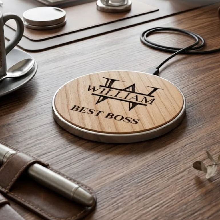 Personalized cherry wood wireless charging pad resting on a clean desk next to office accessories.