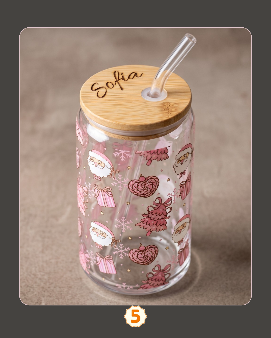 Personalized Christmas Glass Can with Bamboo Lid & Straw