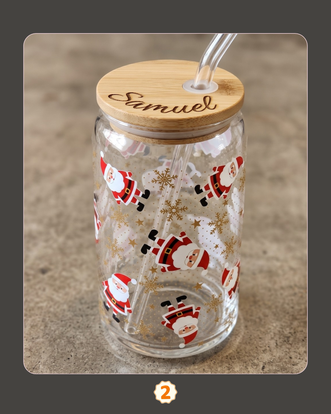 Personalized Christmas Glass Can with Bamboo Lid & Straw