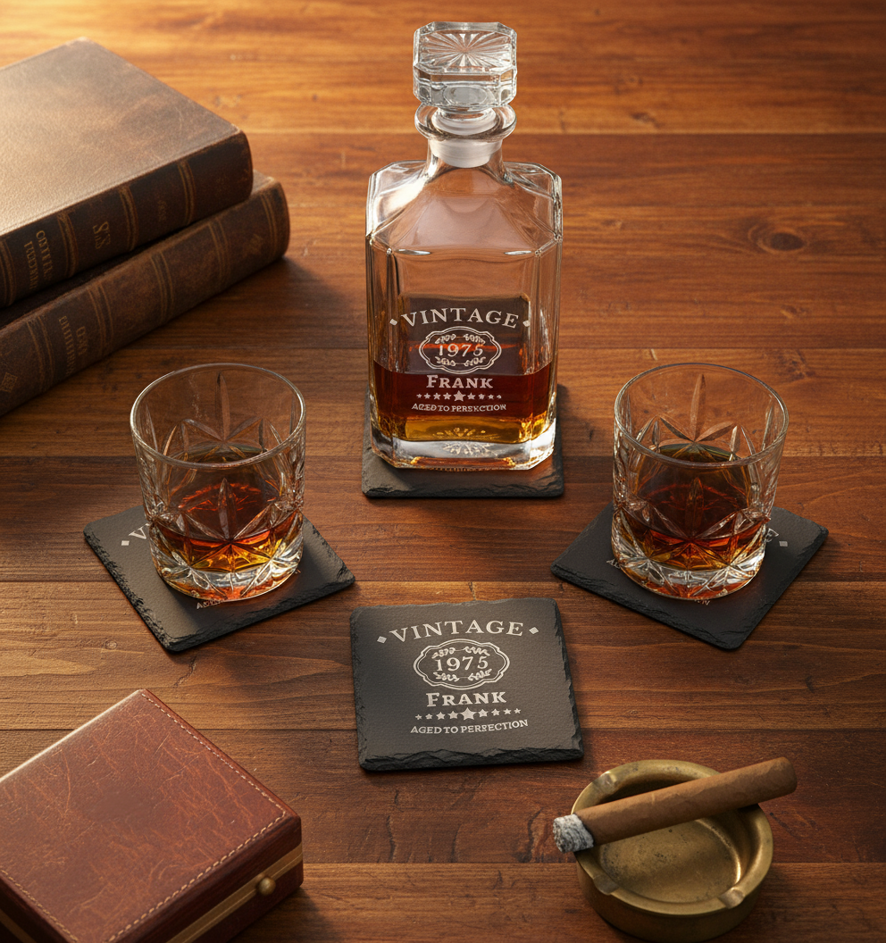 Aged to Perfection Whiskey Decanter Gift Set, 2 whiskey glasses and  slate coasters all personalized