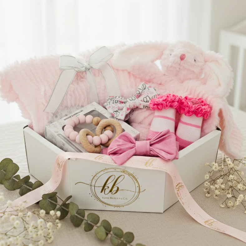 Baby gift set with pink plush toy, socks, and bow in a decorative box on a light surface.