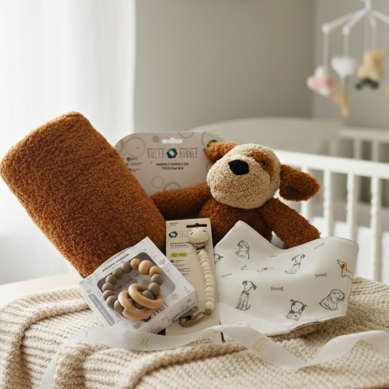 cinnamon puppy gift set. Featuring a plush dog, cozy knit blanket, and Bulle teether.
