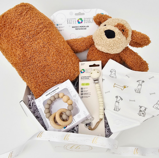 Baby product set including a plush toy, blanket, and developmental items in a box.