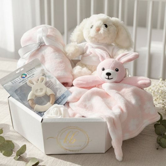 Baby gift set with plush toys and a teether in a box on a crib