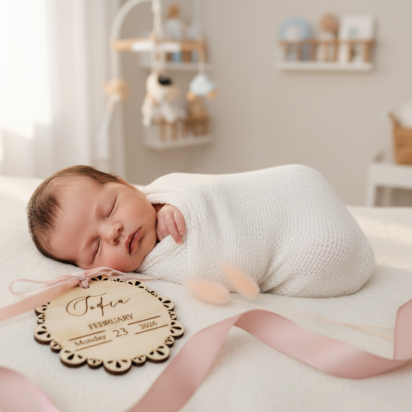 Personalized Scalloped Birth Announcement Plaque - Custom Engraved Wooden Milestone