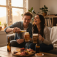 Man pouring beer into a woman's BEER mug as they enjoy a casual gathering with snacks on a wooden table.