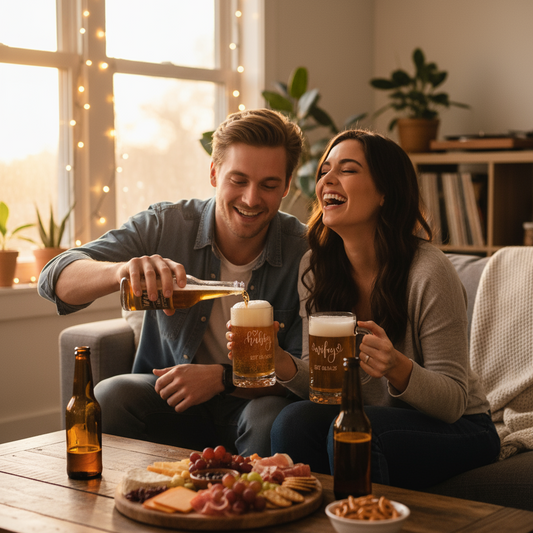 Man pouring beer into a woman's BEER mug as they enjoy a casual gathering with snacks on a wooden table.
