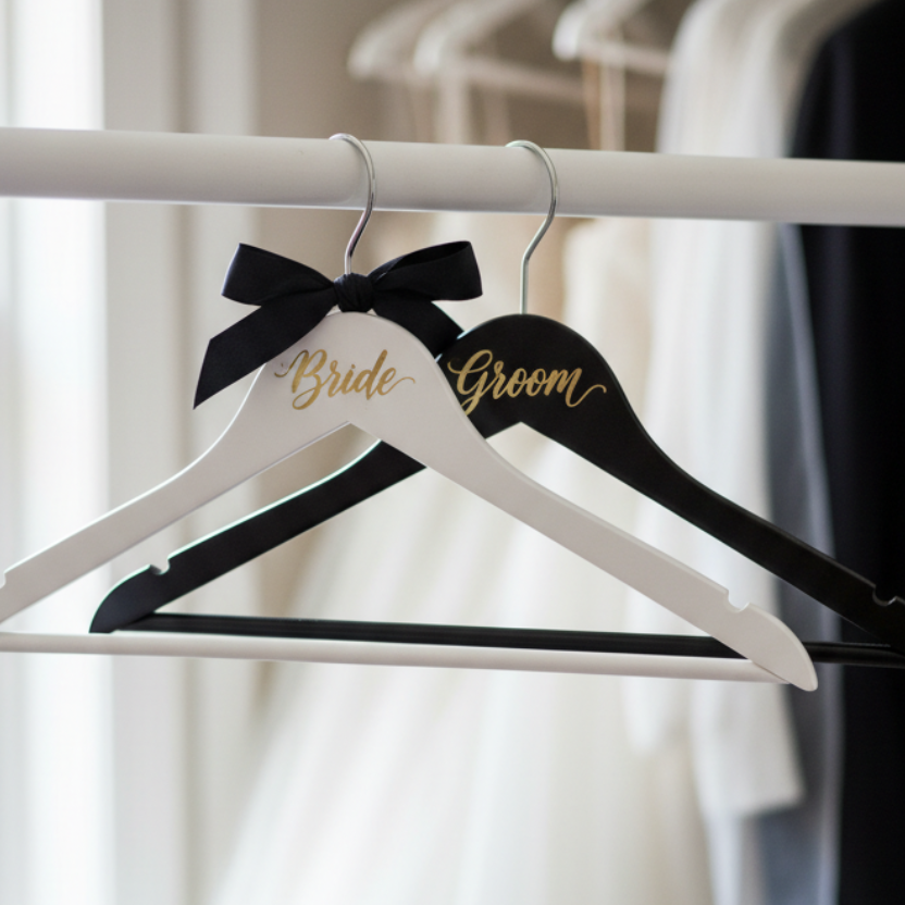 Bride and Groom Hangers in Closet