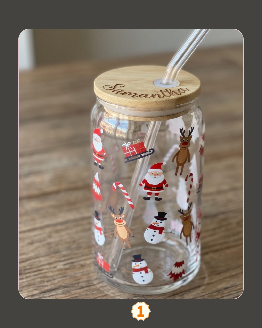 Personalized Christmas Glass Can with Bamboo Lid & Straw