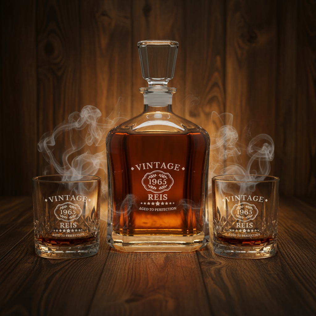 Complete whiskey decanter set with smoke and glow