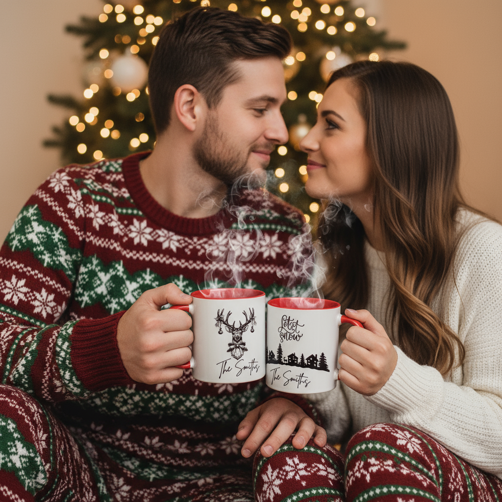 Couple with His and Hers Christmas Mugs 