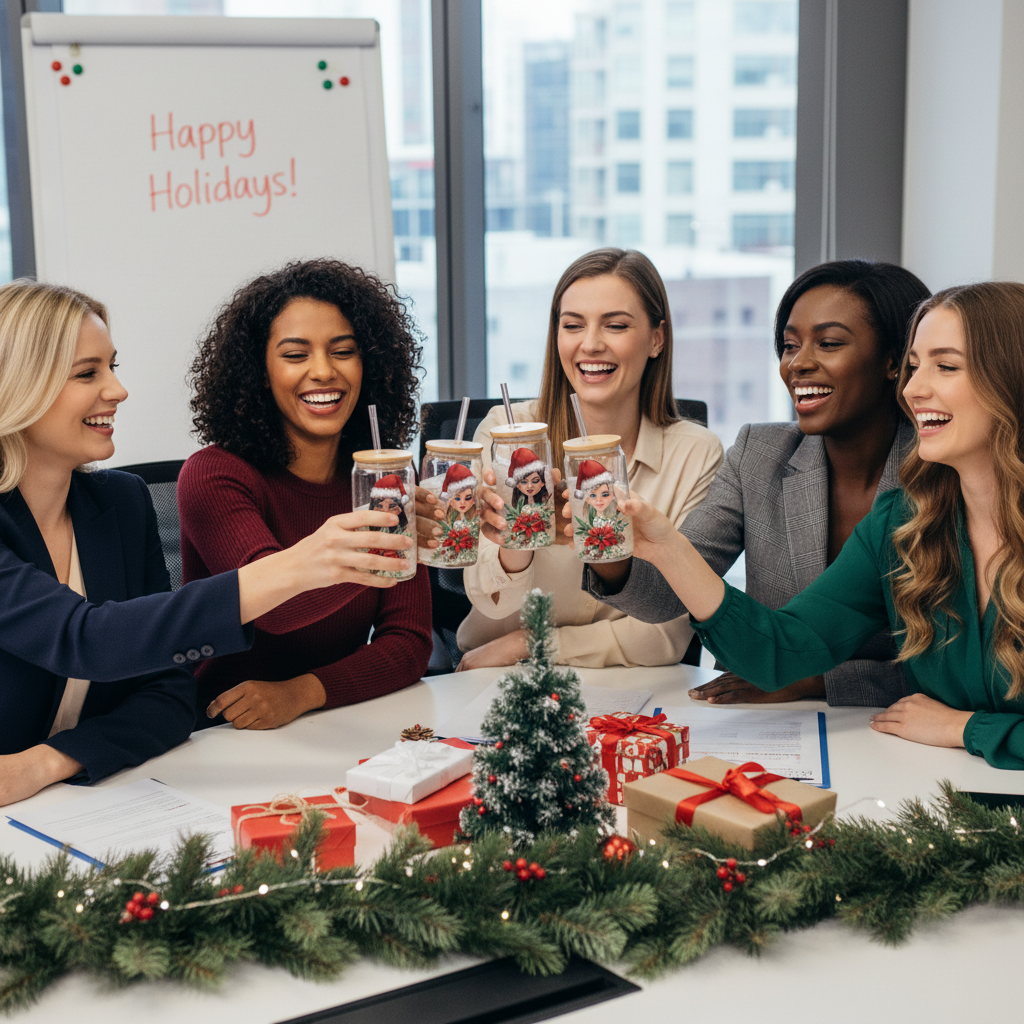 Female Coworkers with Personalized Christmas Glass Can Cups 