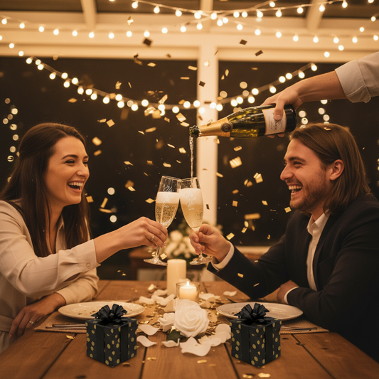 Couple celebrating with personalized champagne glassses at a romantic dinner 