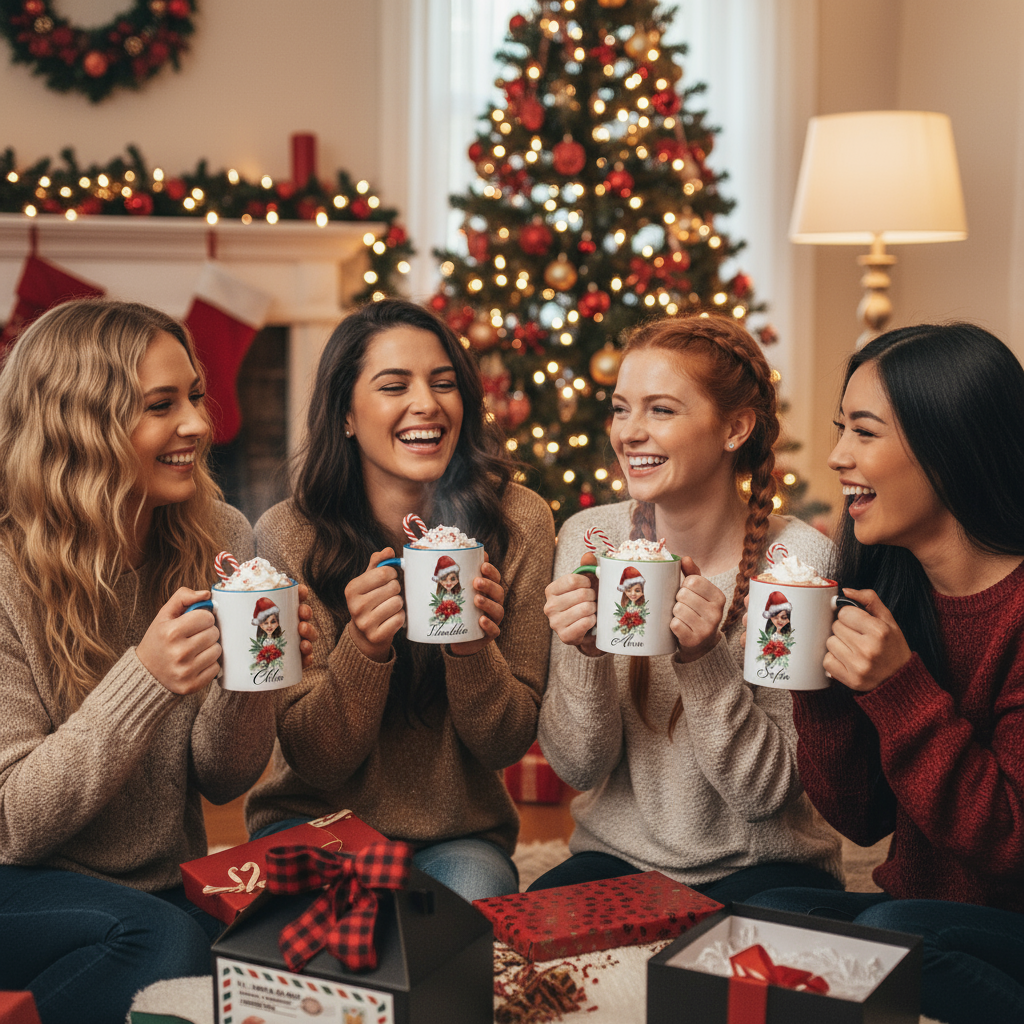 Girls Holding their personalized Christmas Mugs