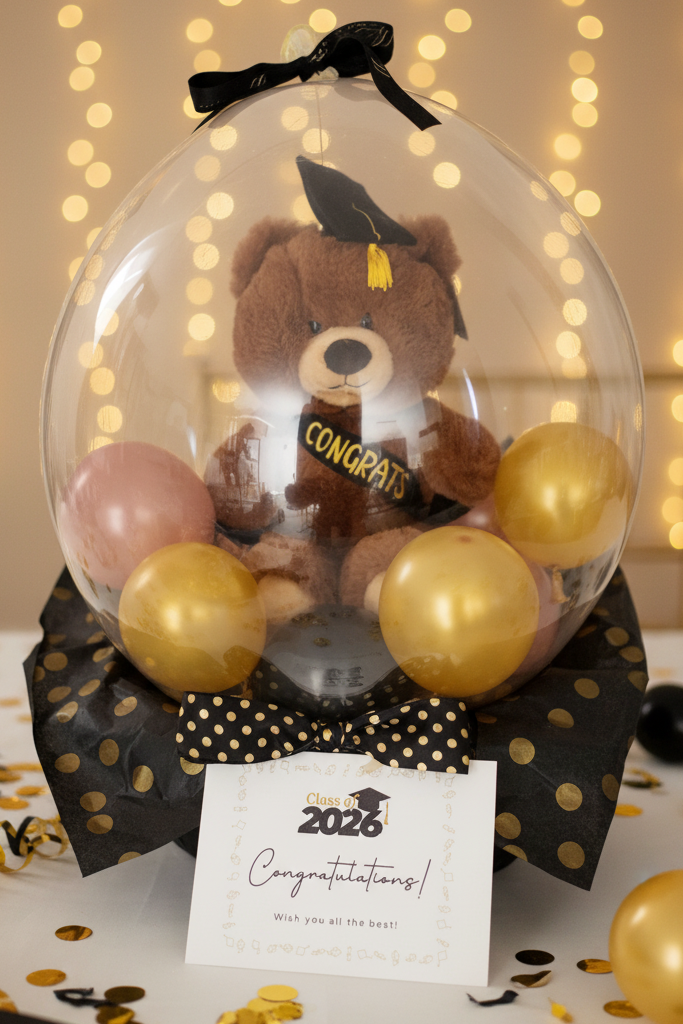Teddy bear in a stuffed balloon with mini balloons and a 'Congratulations' card on a festive background.