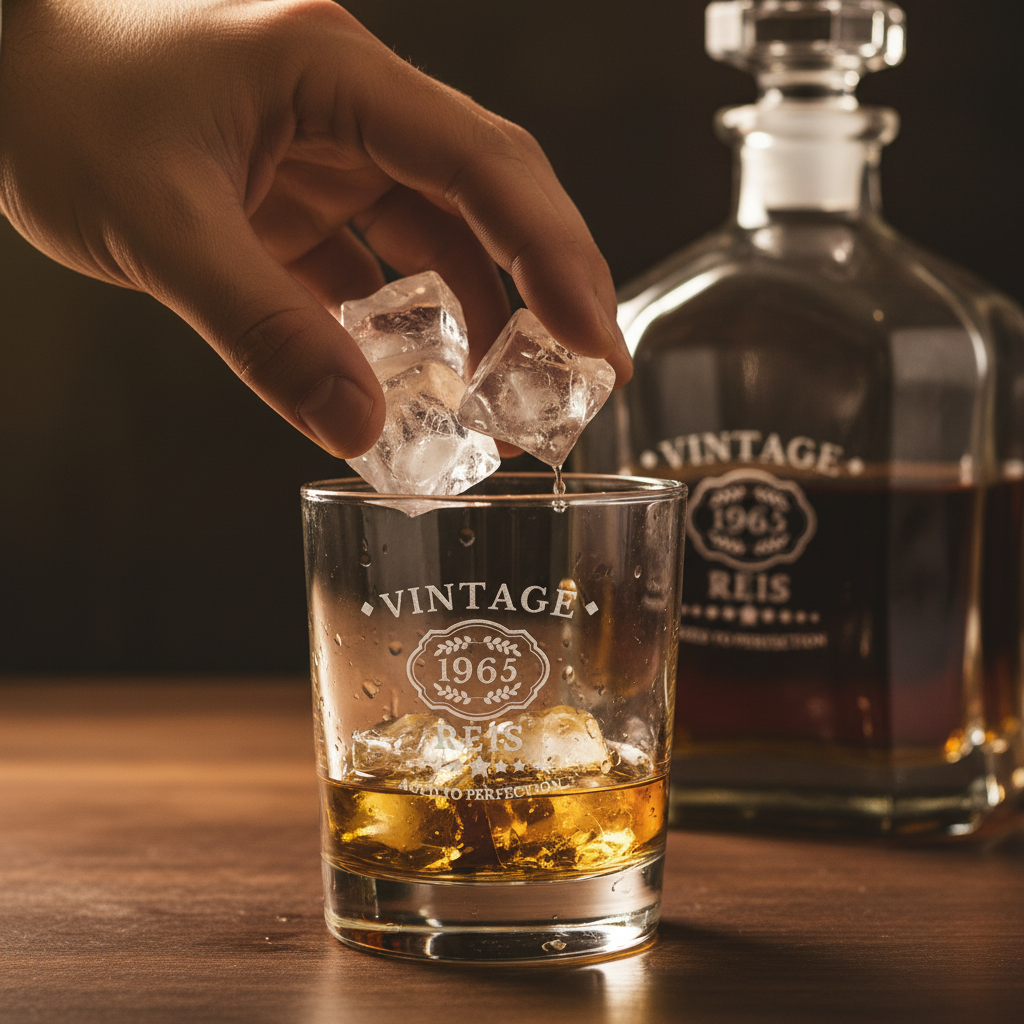 Hand placing ice in whiskey glass