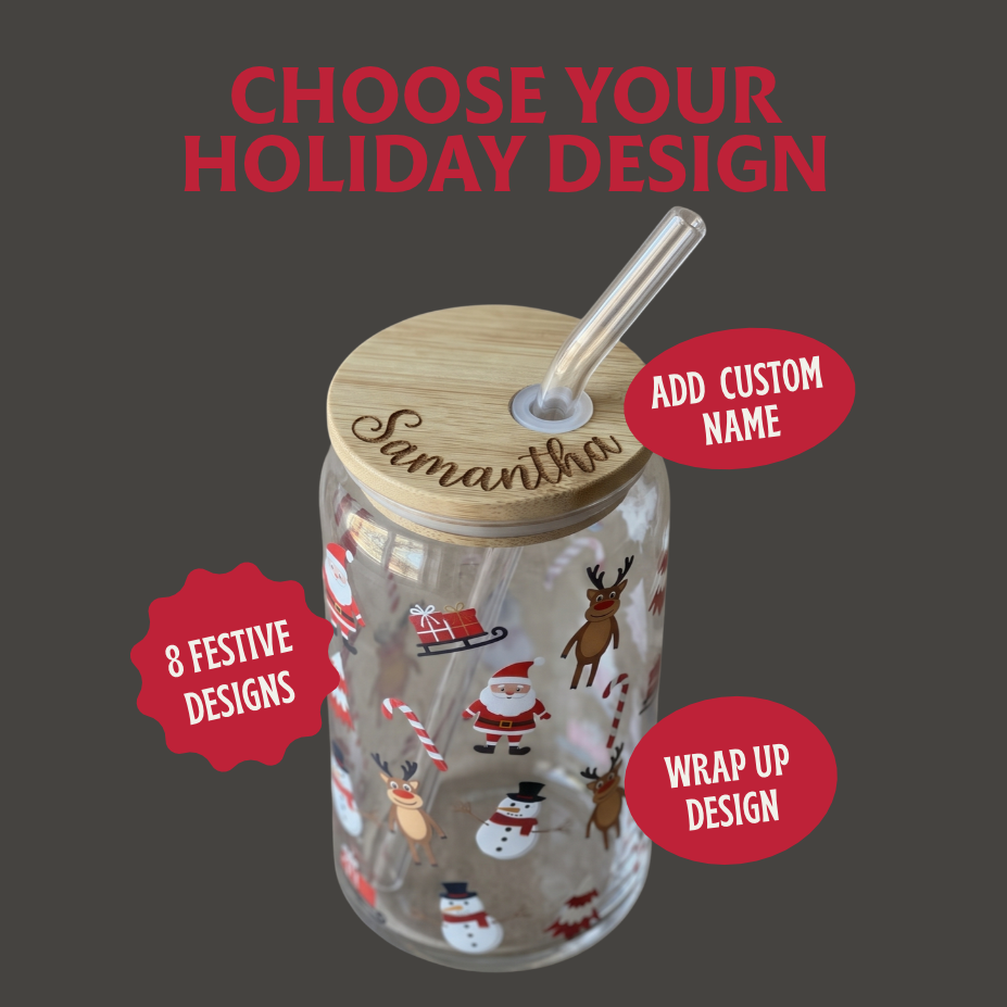 Grid collection of 8 festive holiday wrap designs for 16oz custom glass cans with engraved bamboo lids.