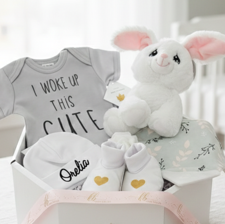 Baby gift set with onesie, hat, booties, and plush toy in a box.