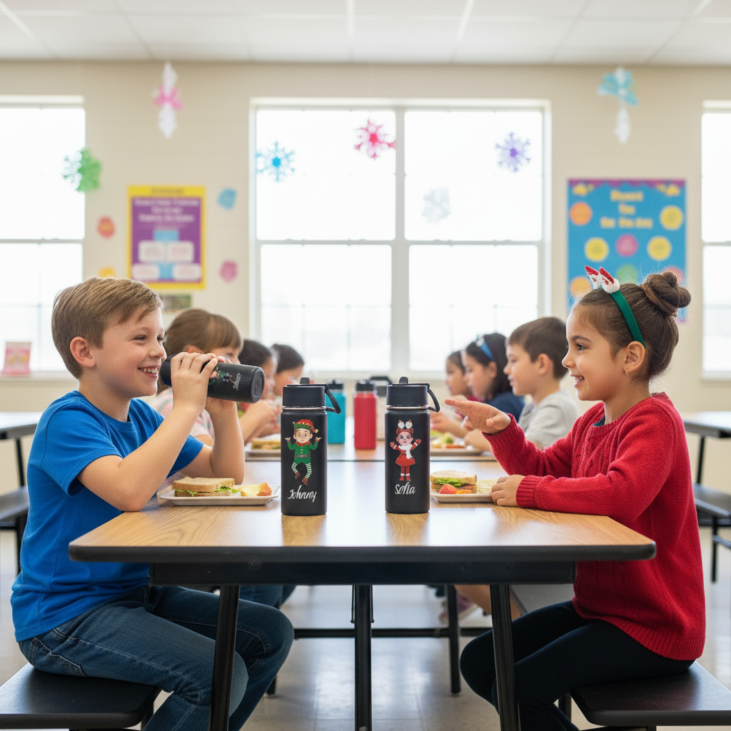 Kids Using Christmas Water Bottles at School